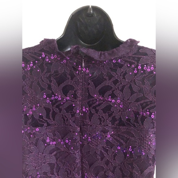 Purple lace sequin ruffle neck flutter sleeve sheath plus cocktail dress size 16 - Picture 14 of 16